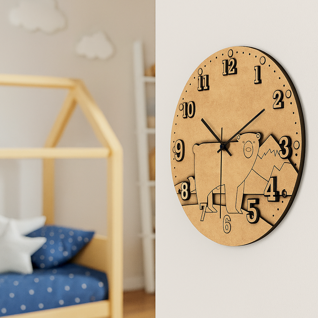 MDF DIY wall clock with bear design in a child's room