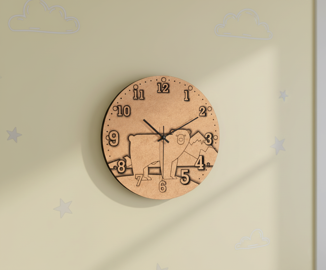MDF DIY  wall clock with a bear design on a beige background