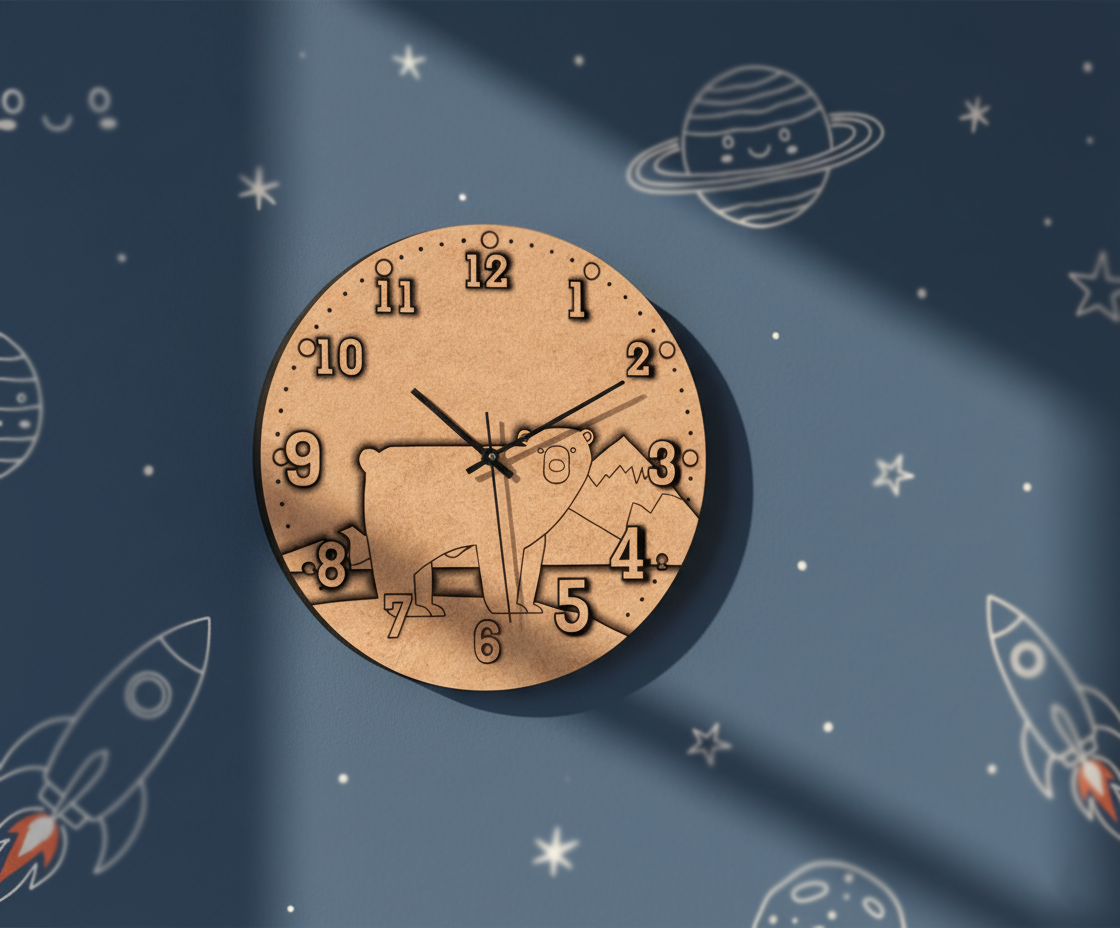 MDF DIY  clock with bear design on a space-themed background