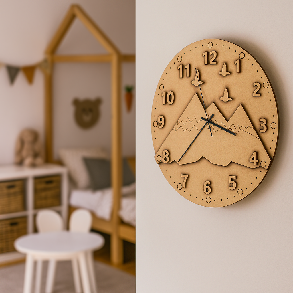 MDF DIY  clock with mountain design on a wall in a room with furniture and decor.