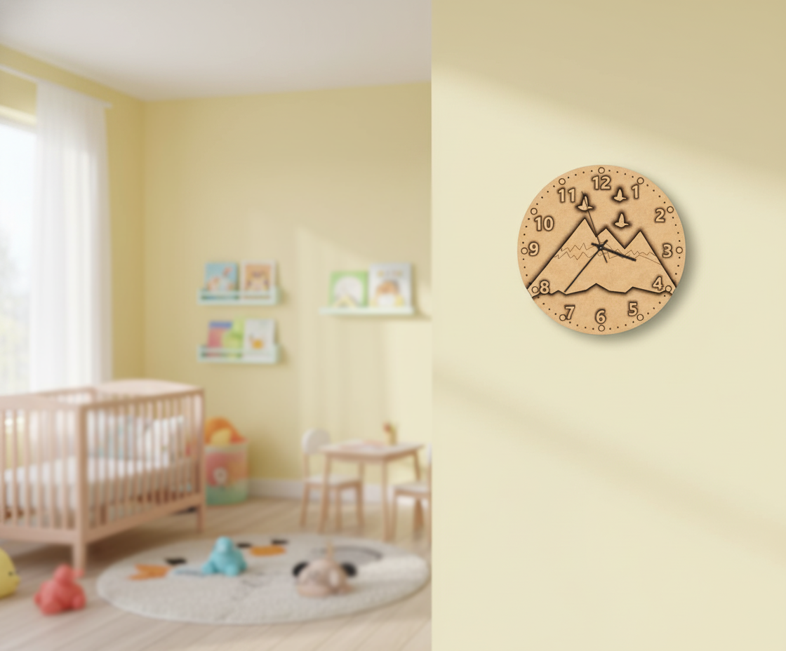 MDF DIY  wall clock with mountain design in a child's room