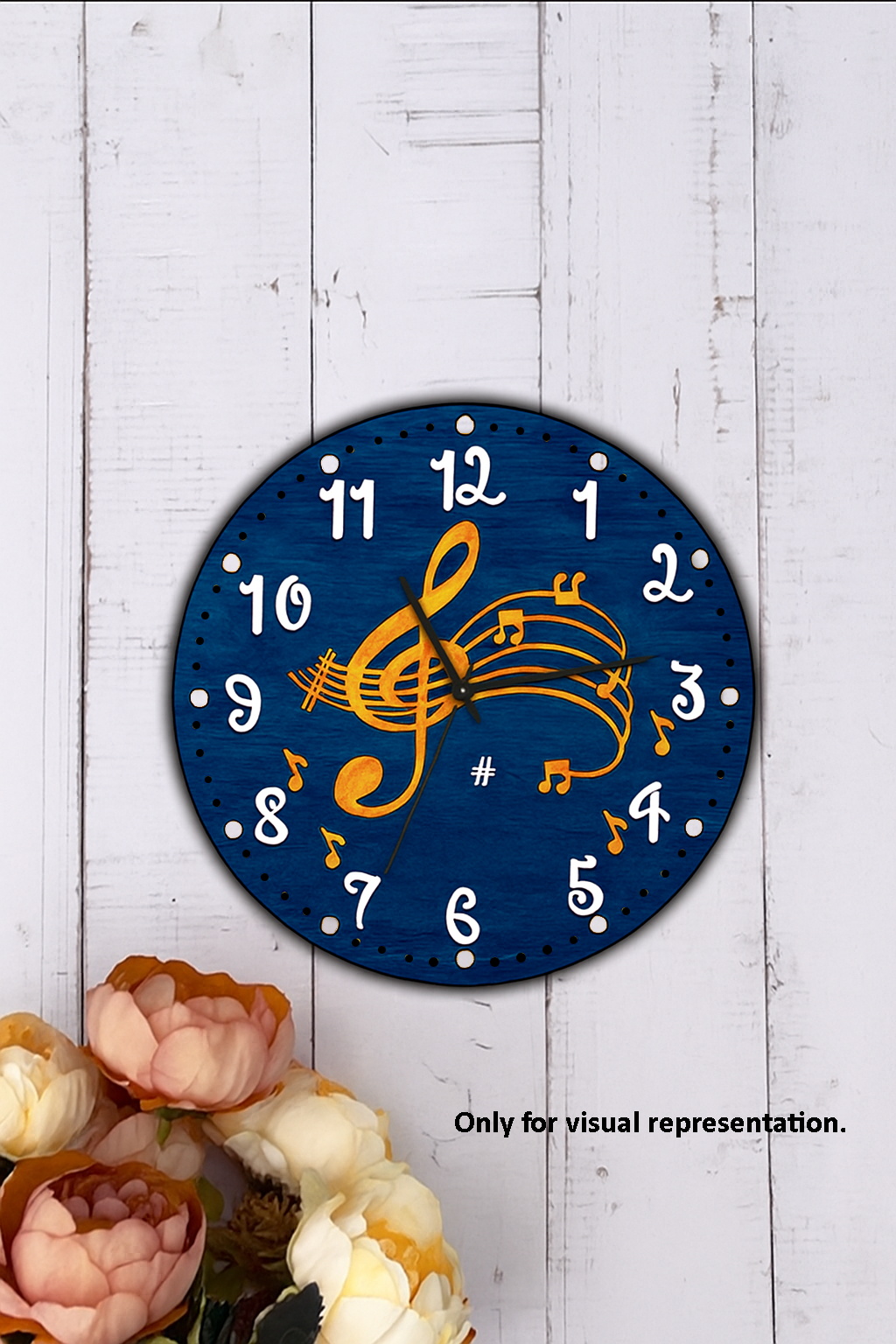 Blue MDF wall clock with musical note design