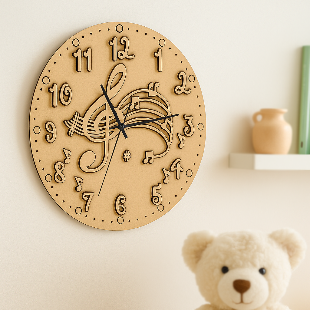 DIY MDF wall clock with musical notes on a light background, next to a teddy bear.