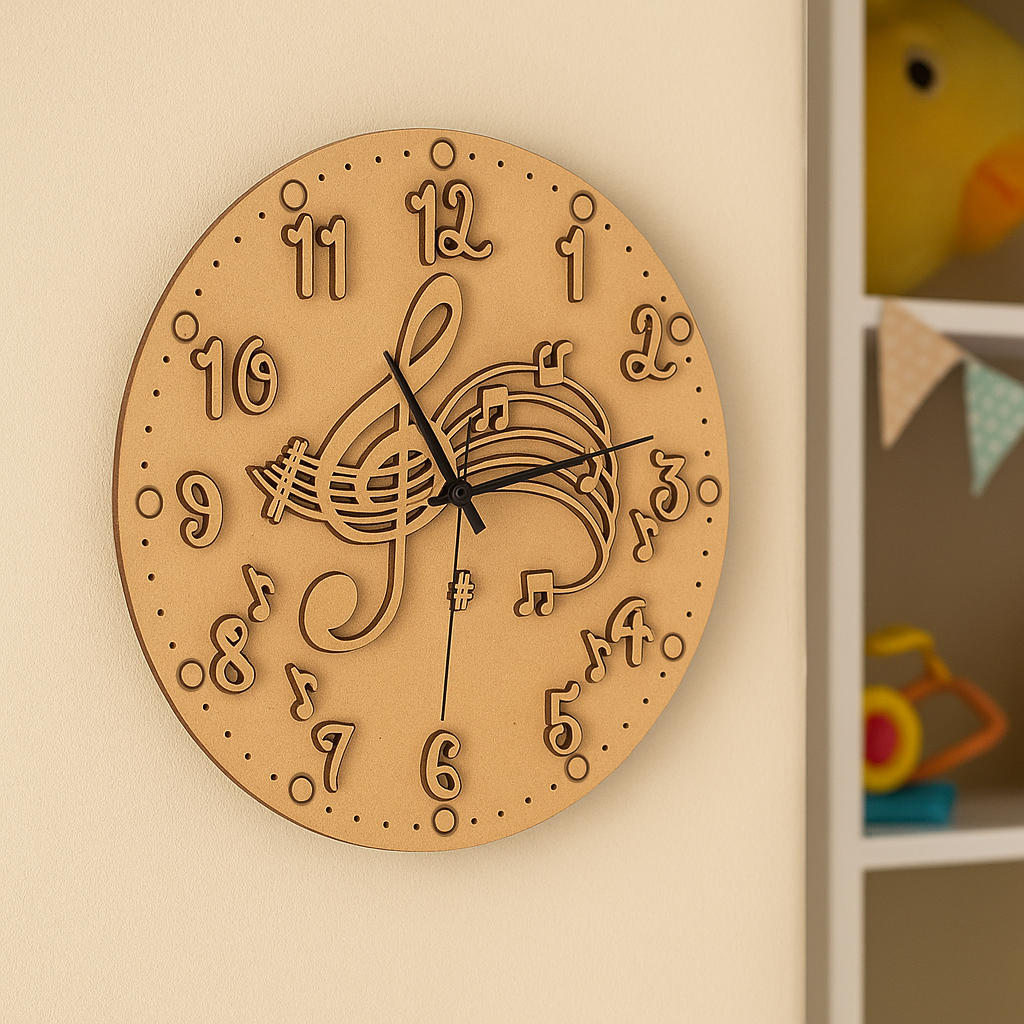 DIY MDF wall clock with musical design on a beige wall