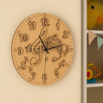 DIY MDF wall clock with musical design on a beige wall