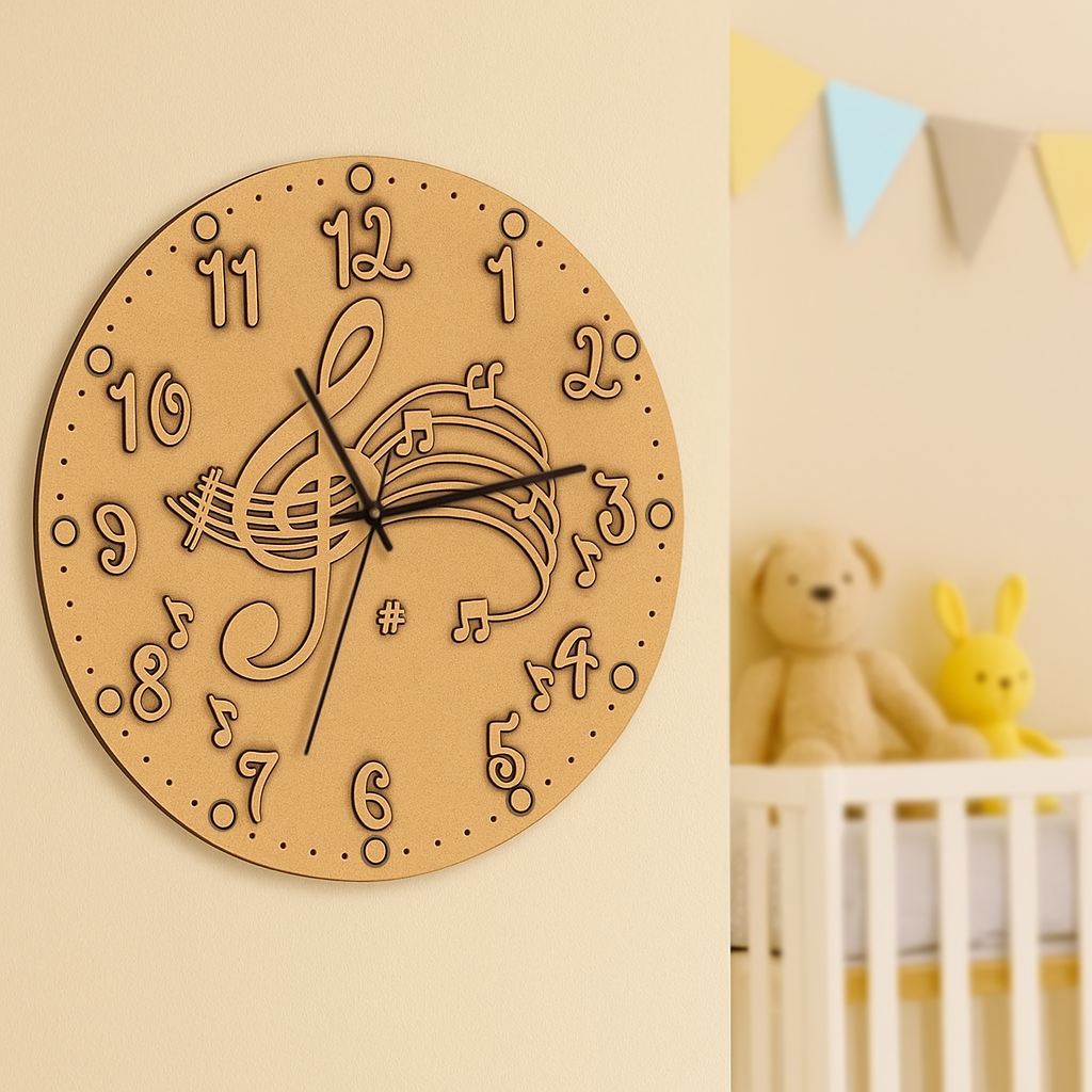 DIY MDF wall clock with musical design in a child's room