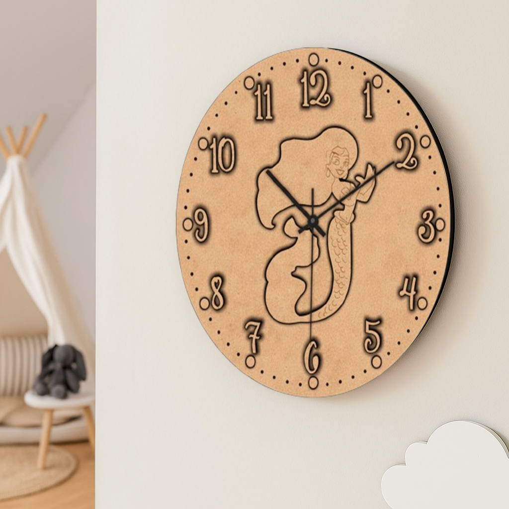 DIY MDF wall clock with decorative design on a light background