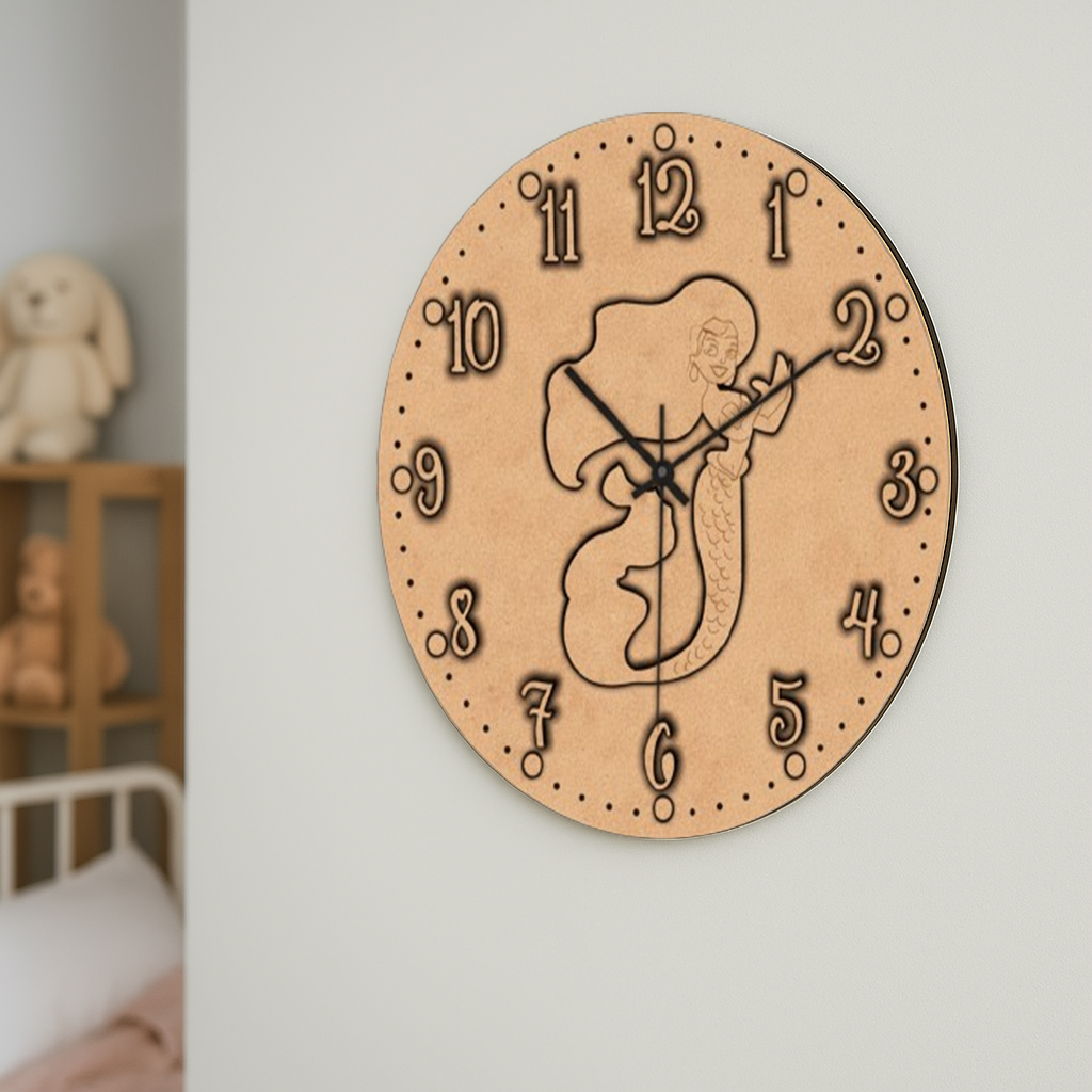 DIY MDF wall clock with a decorative design on a light background