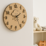 DIY MDF wall clock with cloud design on a white wall