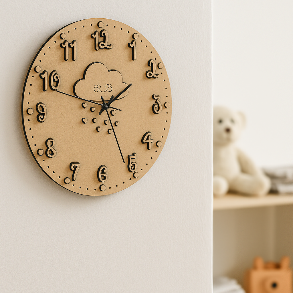 DIY MDF wall clock with cloud design on a white wall