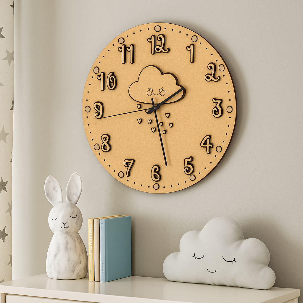 DIY MDF wall clock with cloud design on a shelf with decorative items
