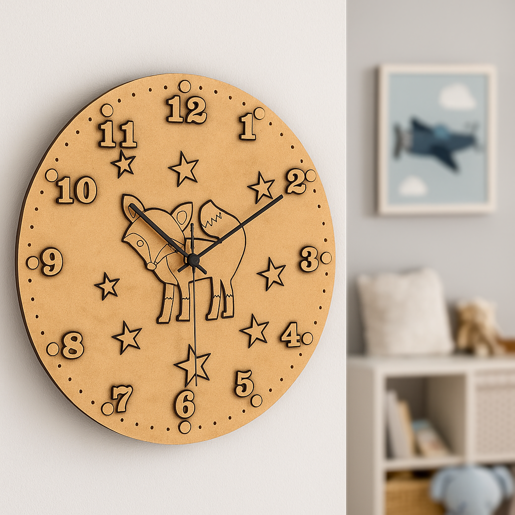 DIY MDF wall clock with horse and star design on a wall.