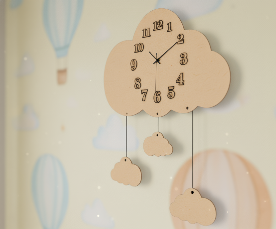 MDF DIY cloud-shaped clock with pendulum on a light-colored wall with cloud designs.