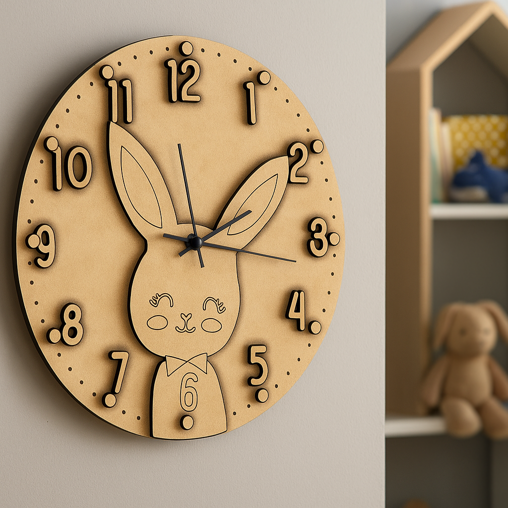 MDF DIY  wall clock with rabbit design on a beige wall.