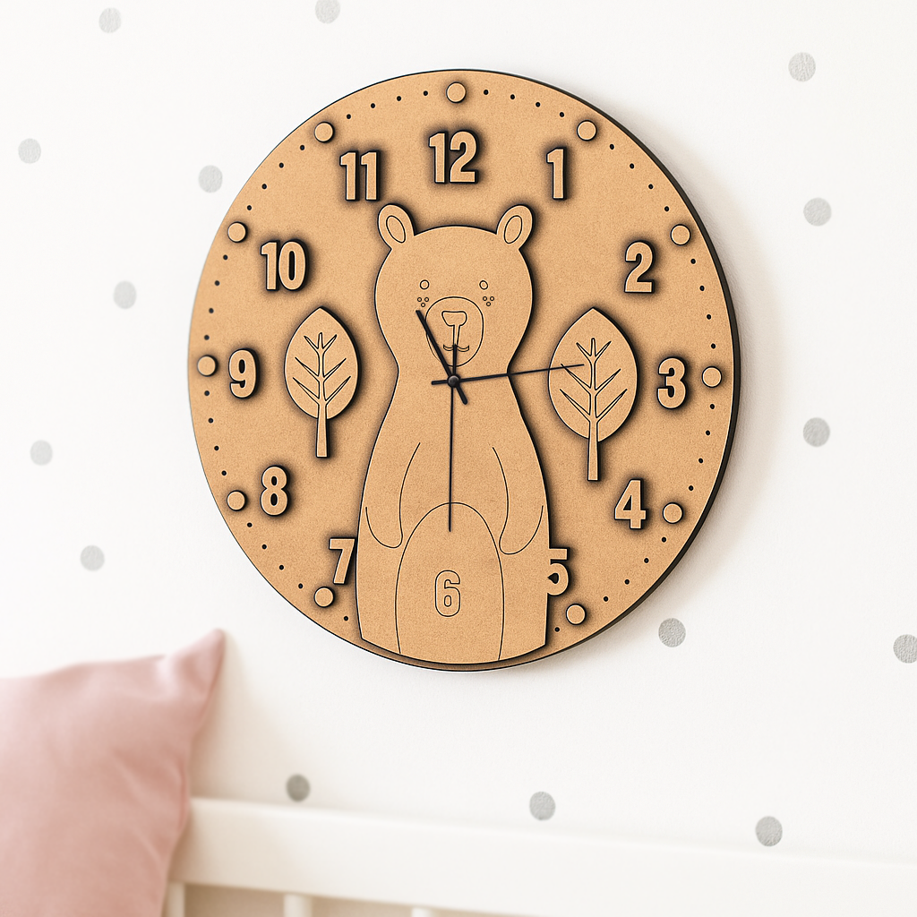 MDF DIY wall clock with bear design and leaf patterns on a white background