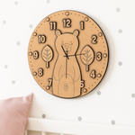 MDF DIY wall clock with bear design and leaf patterns on a white background