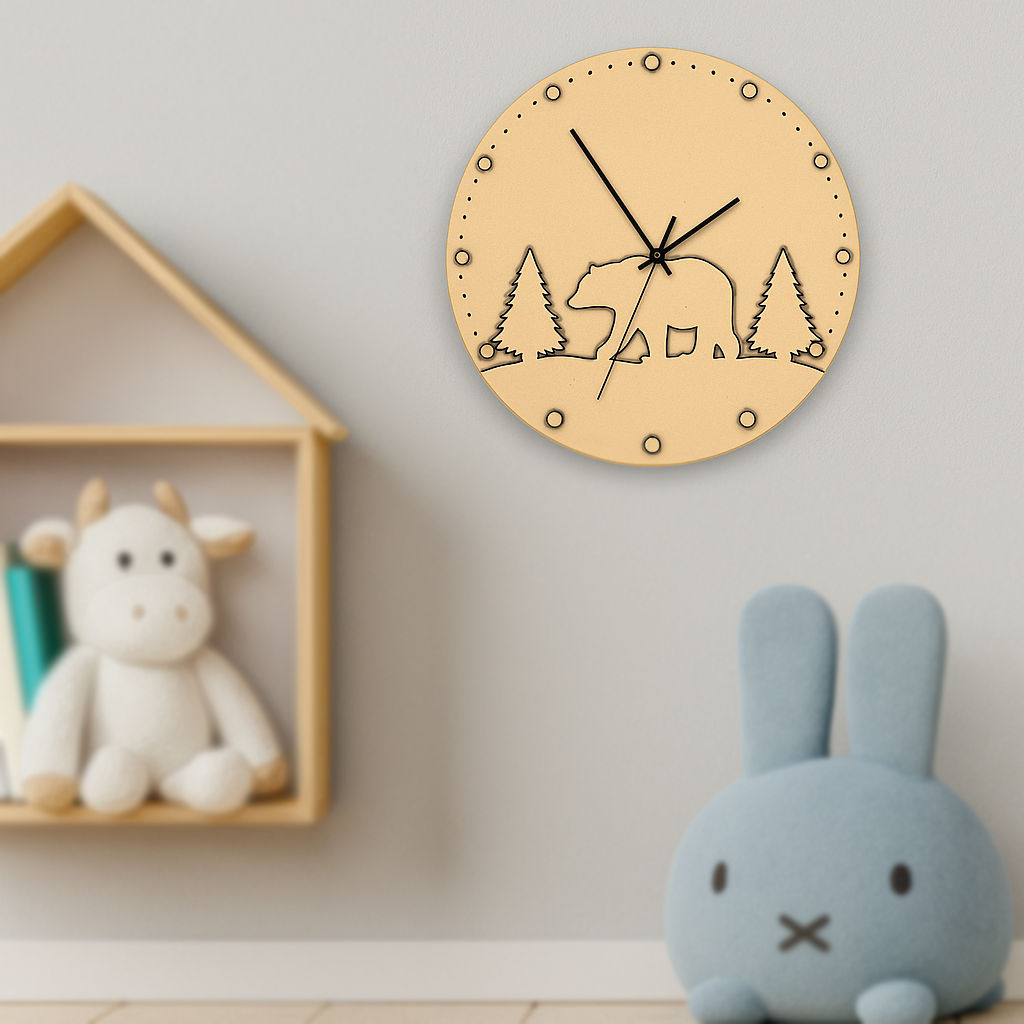 MDF DIY wall clock with bear and tree design in a room with toys