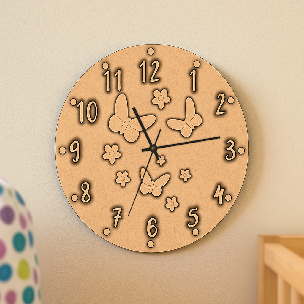 MDF DIY wall clock with butterfly and flower designs on a beige wall.