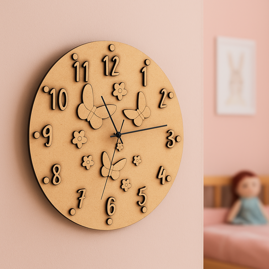 MDF DIY wall clock with butterfly and flower designs on a pink wall.