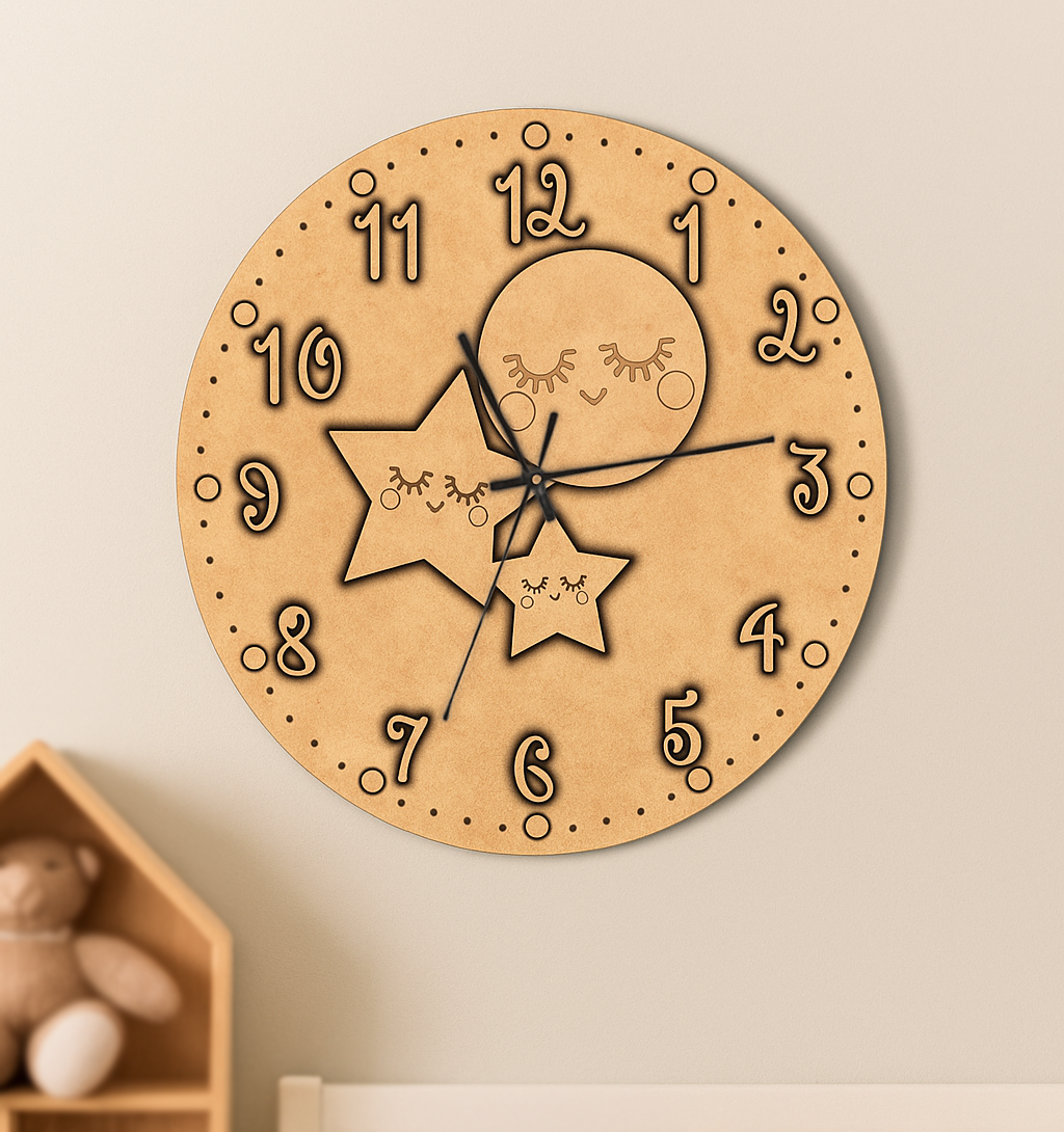MDF DIY wall clock with star and moon design on a beige wall.