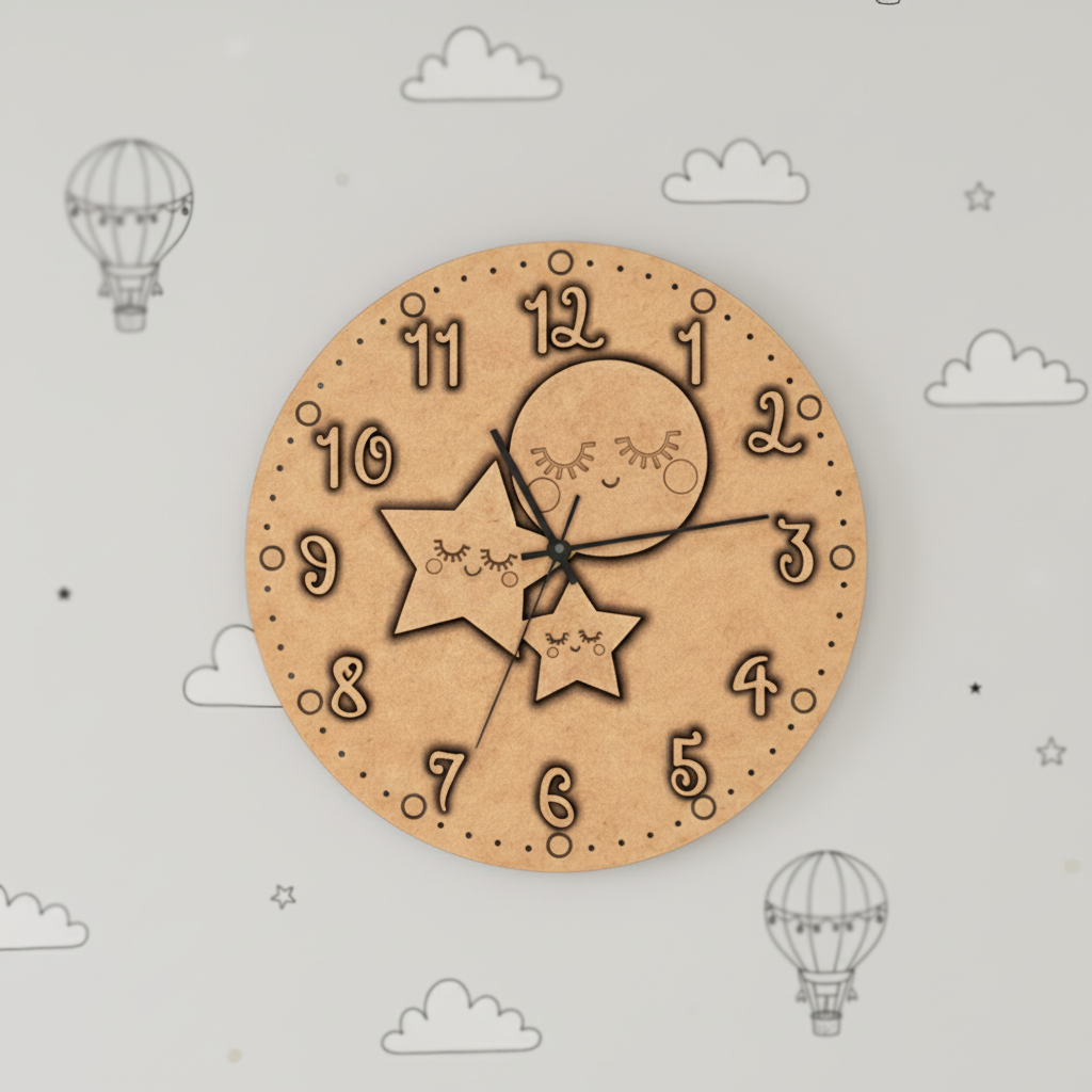 MDF DIY wall clock with star and moon design on a light gray background with cloud and hot air balloon patterns.