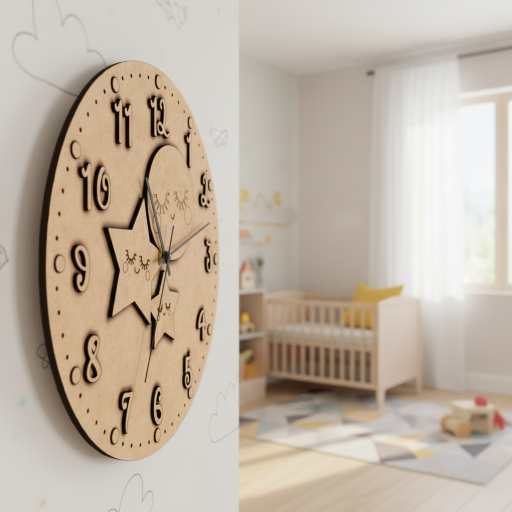 MDF DIY wall clock on a wall with a blurred nursery in the background