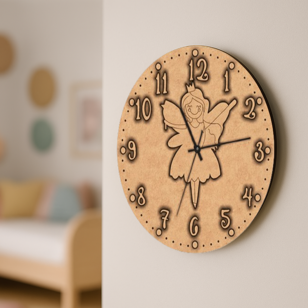 MDF DIY wall clock with fairy design on a light background