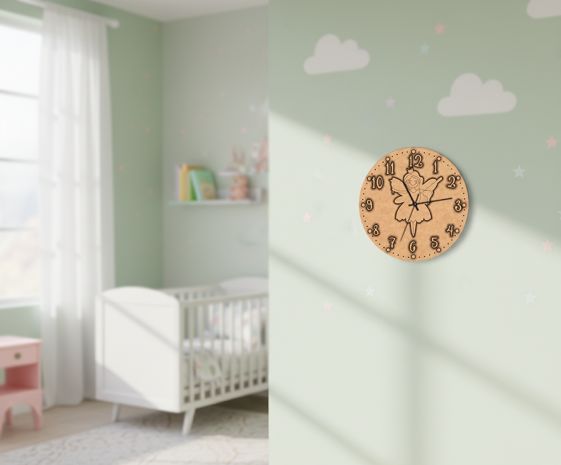 MDF DIY wall clock with butterfly design in a child's room with crib and toys.