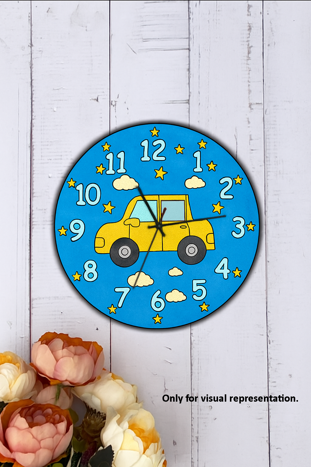 Colorful Kids Wall Clock with yellow car, stars, and clouds design