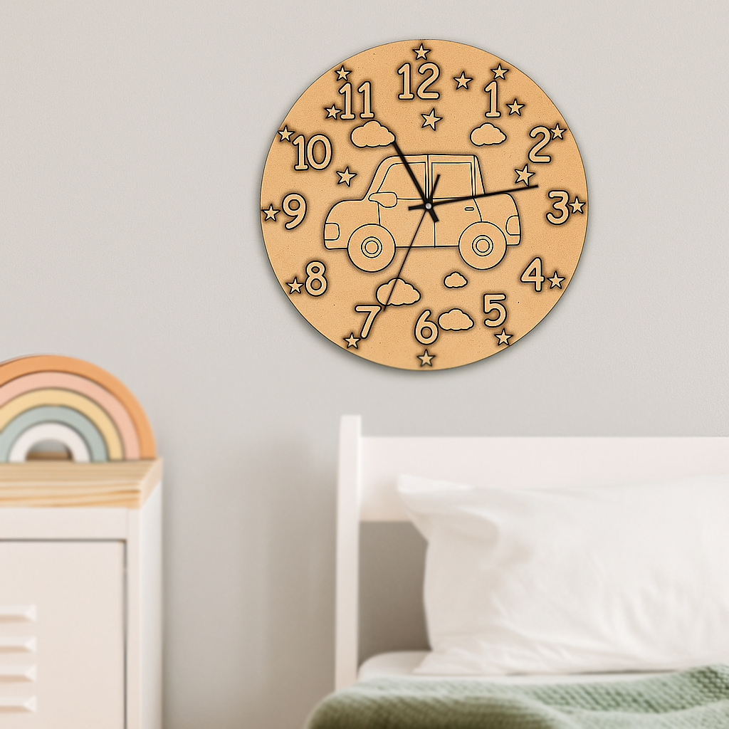 MDF DIY wall clock with a truck design on a light gray wall above a bed.