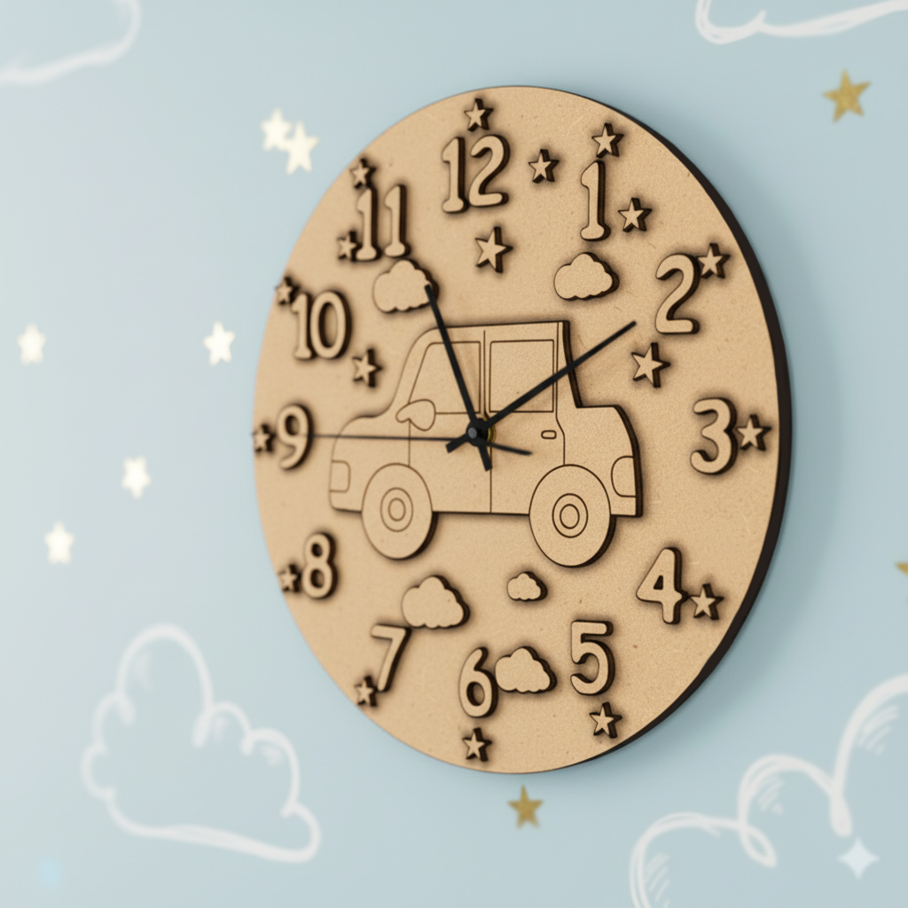 MDF DIY clock with car design and numbers on a light blue background