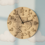 MDF DIY clock with car design and numbers on a cloud background 
