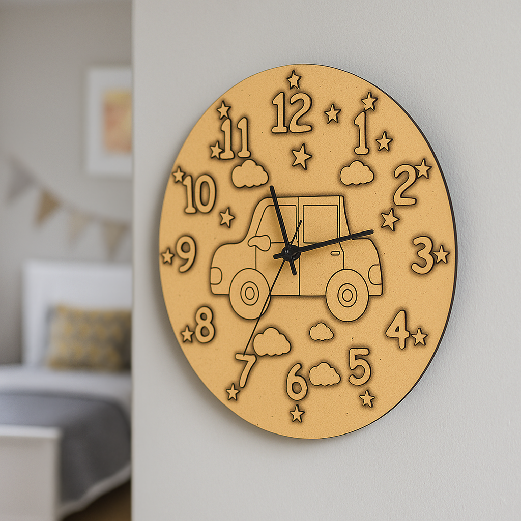 MDF DIY wall clock with a tractor design on a light gray wall.