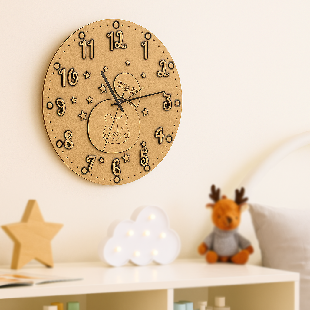 MDF DIY wall clock with decorative elements on a shelf with decor items.