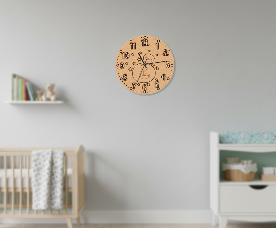 MDF DIY wall clock with decorative numbers in a nursery setting