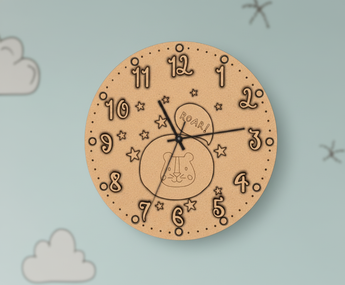 MDF DIY wall clock with star and number design on a light blue background