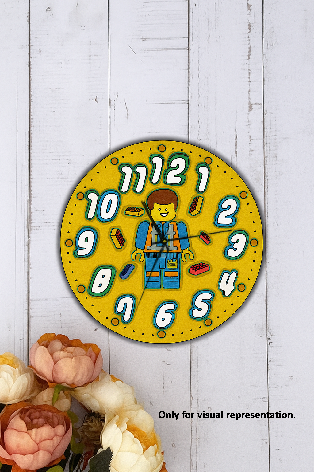 Yellow Lego theme kids wall clock with cartoon character and colorful bricks