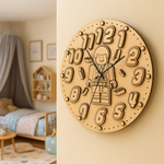 MDF board clock with toy figure design in a child's room