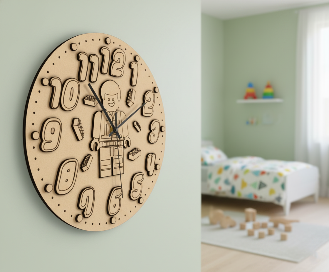 MDF DIY wall clock with toy figure design in a child's room