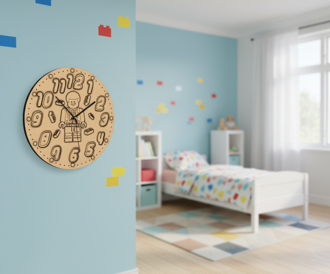 MDF DIY wall clock with numbers and letters on a blue wall in a child's bedroom.