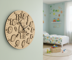 MDF DIY wall clock with numbers and a figure, placed in a child's bedroom.
