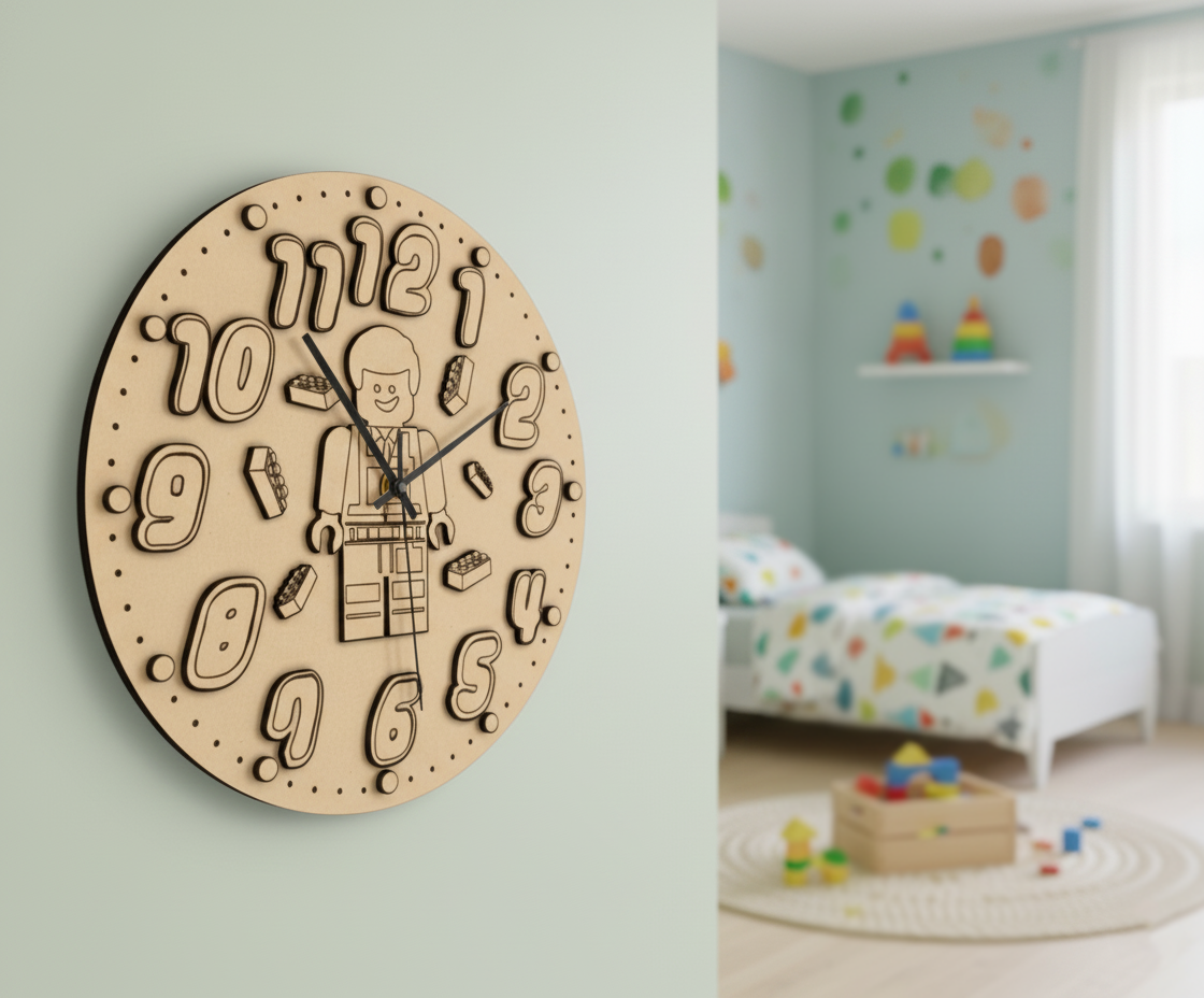 MDF DIY wall clock with numbers and a figure, placed in a child's bedroom.