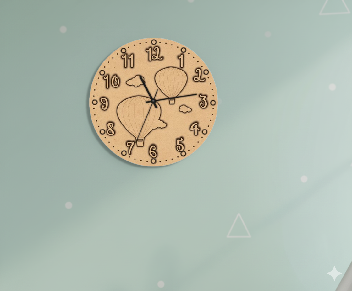 MDF DIY wall clock with hot air balloon design on a light blue background