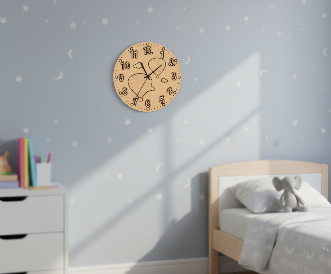 MDF DIY wall clock on a wall with a child's bed and toys in the background