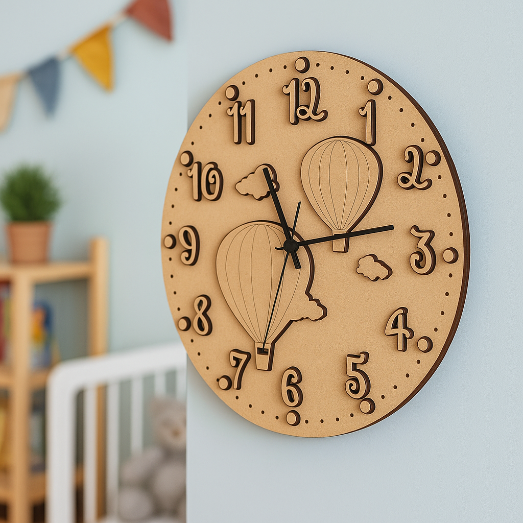 MDF DIY wall clock with hot air balloon design on a light blue wall.