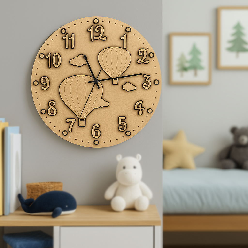 MDF DIY  wall clock with hot air balloon design in a child's room
