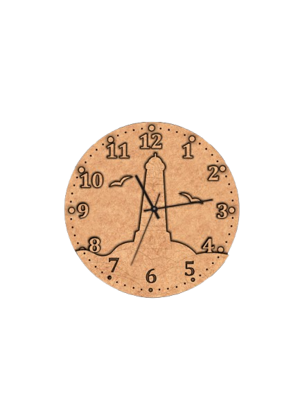 Unfinished MDF lighthouse clock base with pre-marked outlines for coloring
