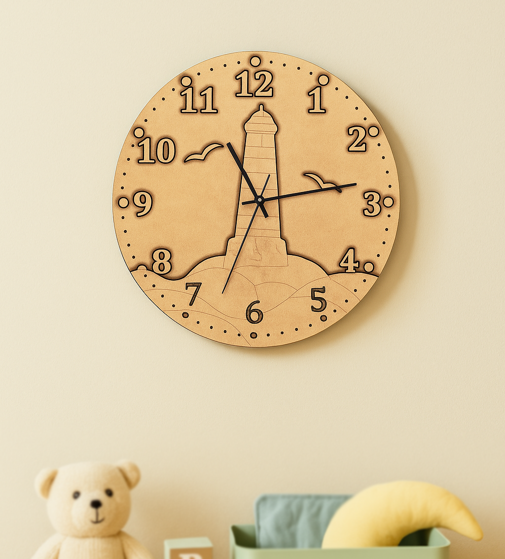 MDF DIY  wall clock with Eiffel Tower design on a beige wall, featuring a teddy bear and decorative items.