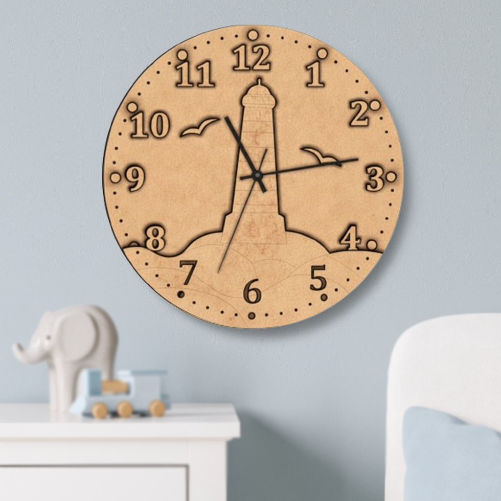MDF DIY wall clock with lighthouse design on a light blue wall