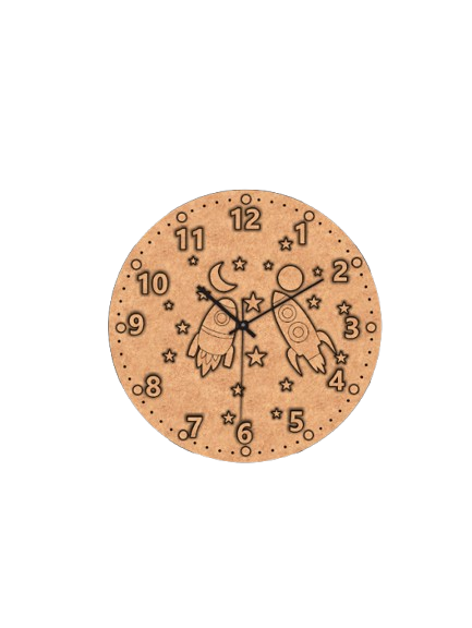 Unfinished MDF rocket and stars clock base with pre-marked outlines for coloring